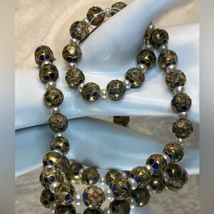 Vintage Champlevé Cloisonné Genuine Fresh Water Pearl Necklace Blue Floral 24”